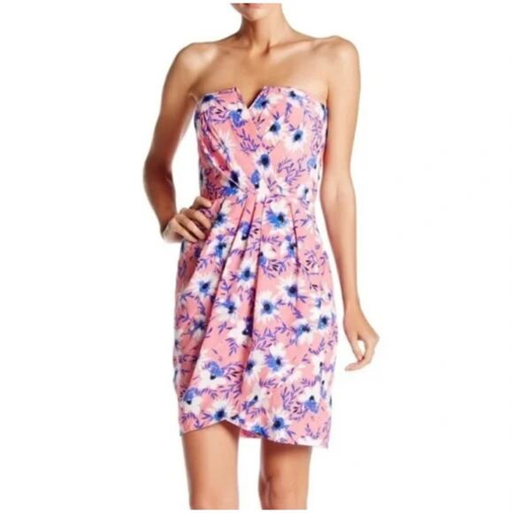 Yumi Kim Date Night Strapless Mini Dress Ruched Silk Crepe Floral Pink Size XS - Picture 1 of 12